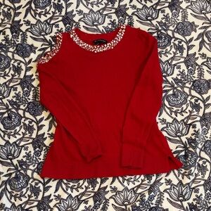INC International Concepts Red Embellished Cold-Shoulder Sweater